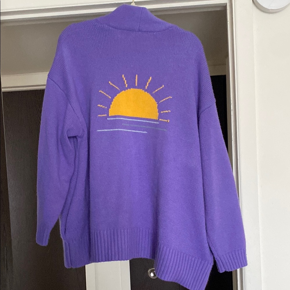 Candace Cameron Bure Purple and Yellow Cardigan with Graphic Design